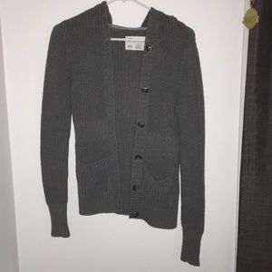 Grey button-up hooded sweater